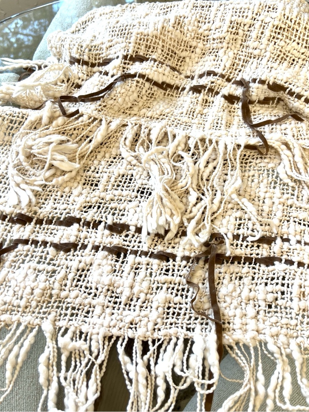 Vintage Argentine Artisan Woven Cotton Shawl Wrap Stole Cream Fringe Boho